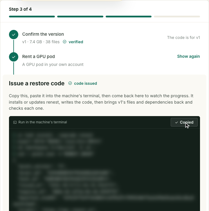 The restore-code step with a "code issued" label, an explanation, and a dark command box with a Copy button that now reads Copied; the command text is blurred.