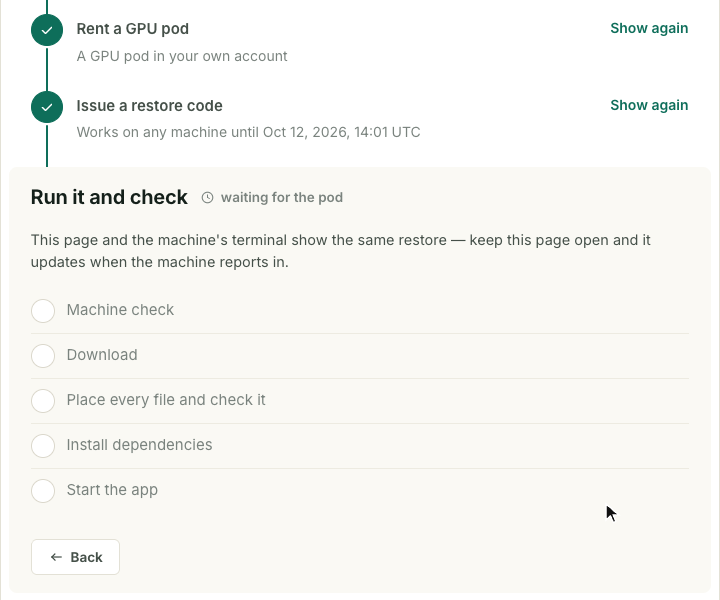 The progress step: a list of five stages with empty circles and a "waiting for the pod" label, and a Back button.